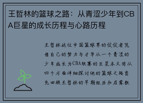 王哲林的篮球之路：从青涩少年到CBA巨星的成长历程与心路历程